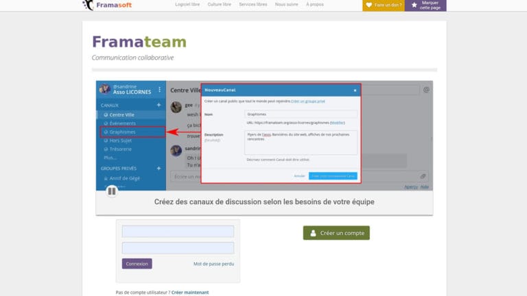 Framateam est un service de tchat libre qui permet de communiquer avec son équipe en notifiant ses collègues, de conserver ses conversations et d'y faire des recherches