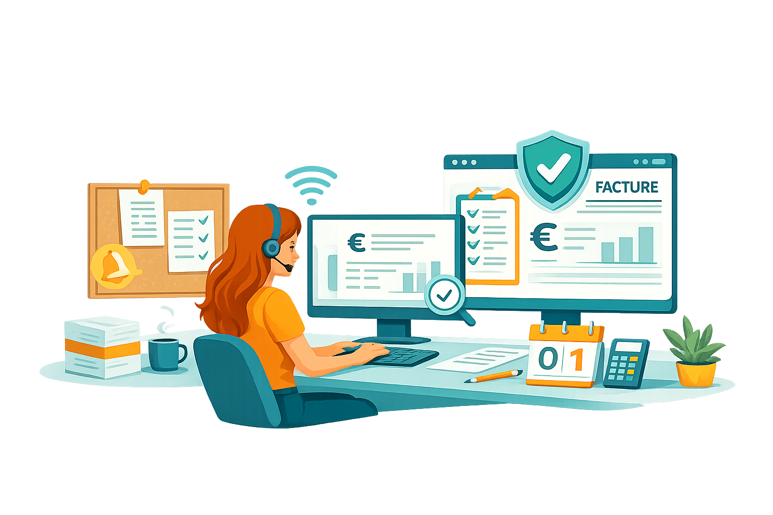 Illustration d'une secrétaire indépendante assurant le suivi administratif de la facturation électronique