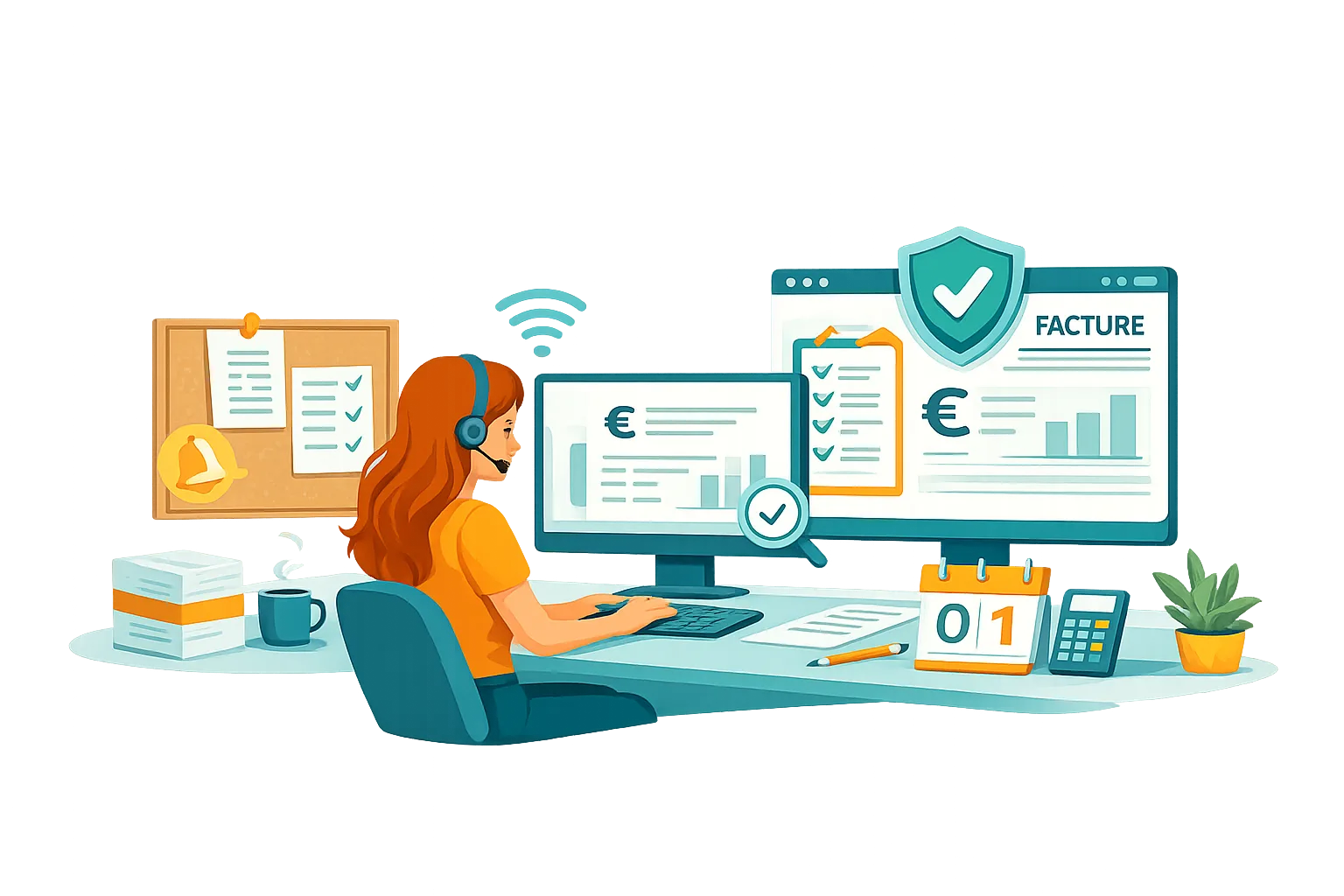 Illustration d'une secrétaire indépendante assurant le suivi administratif de la facturation électronique